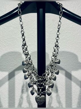 Vintage Silver Tone Heart Charm Layered Chain Necklace
